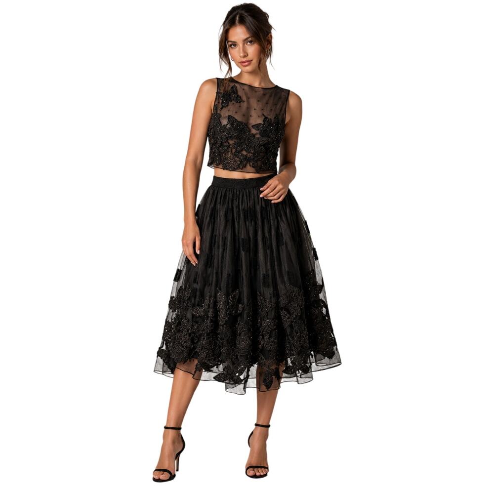 Alice + Olivia Embellished Butterfly Mesh Crop Top Midi Skirt Set Women's Size 6